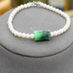 Dây lắc tay ngọc trai tròn trứng 3-4 li + charm phỉ thuý lu xanh-LP47