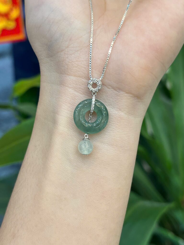 Dây chuyền phỉ thuý đồng điếu thả rơi trân châu x S925